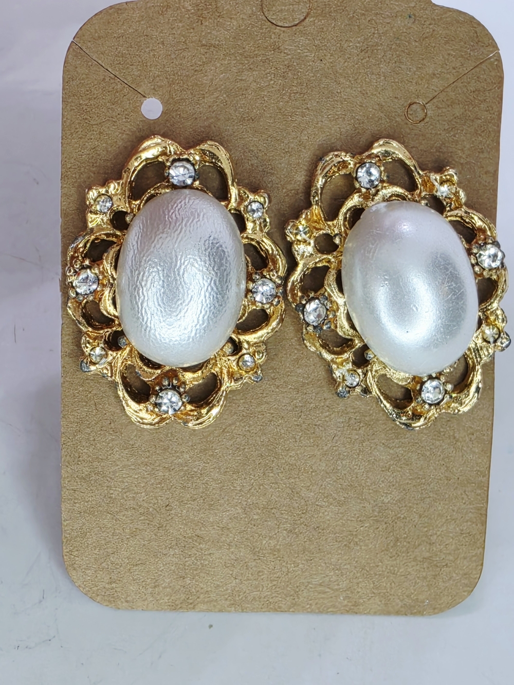 Vintage Gold Tone Brutalist Openwork Earrings Faux Pearl Cabachon Rhinestone